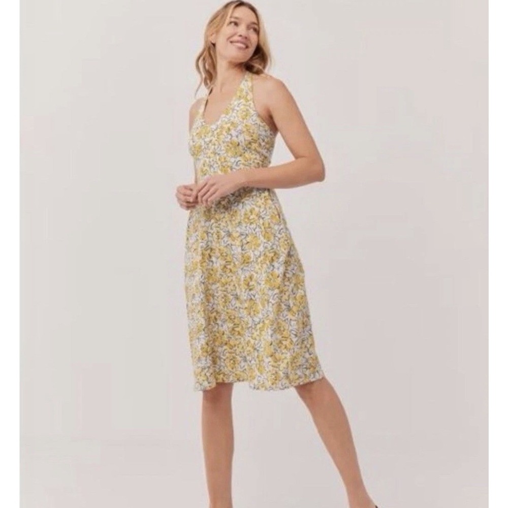 PACT Reverie Floral Yellow Sz S Midi Dress Tie Back Fit Flare Halter Summer